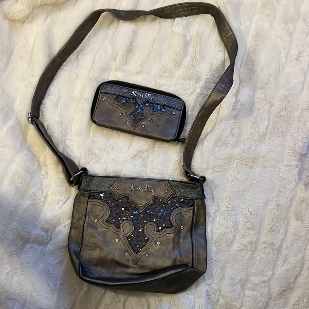 Miss Me Gray Embellished Crossbody Bag and Wallet Set